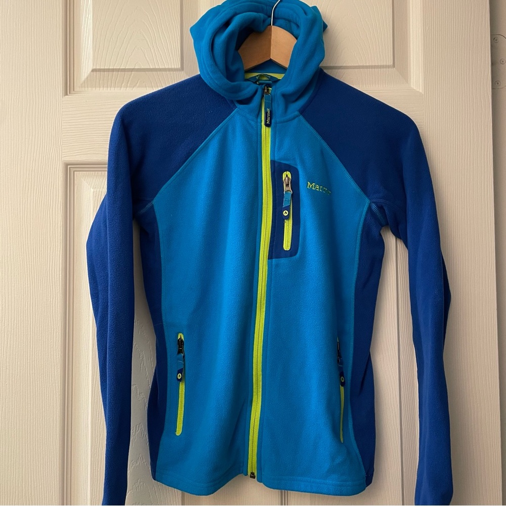 L-Marmot Polar Soft Fleece Zip Up Hoodie Jacket Turquoise/Blue/Yellow Girls
